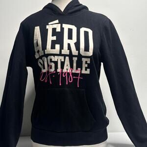 Y2K Aeropostale black pullover hoodie with bold white varsity-style logo Size M